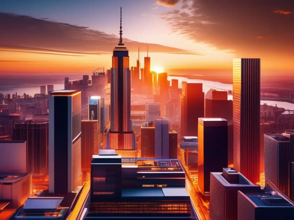 Ciudad moderna al atardecer: real estate crowdfunding Ciudad moderna al atardecer, reflejando el crowdfunding inmobiliario rentable