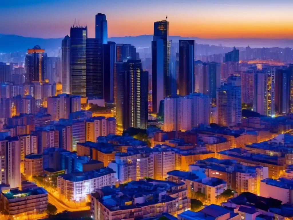 Ciudad moderna al atardecer Ciudad moderna al atardecer con edificios residenciales, parques verdes y una pareja feliz - Beneficios de invertir en propiedades residenciales