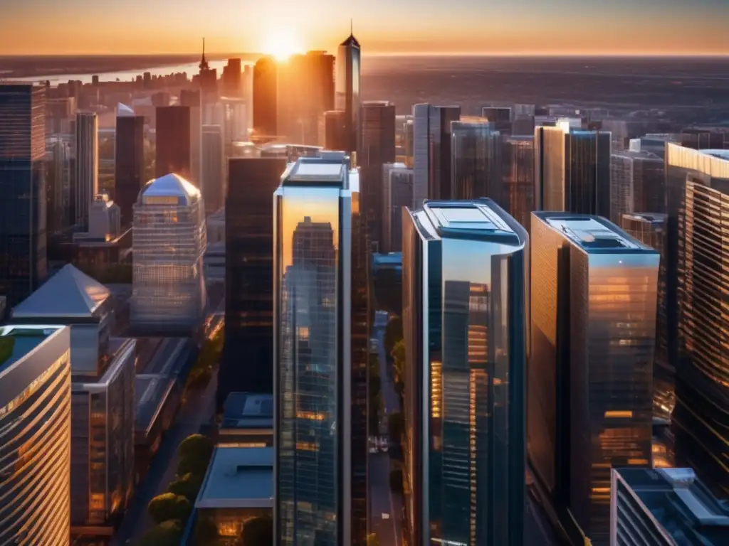 Moderna ciudad al atardecer, con rascacielos y potencial inmobiliario Ciudad moderna al atardecer: errores fatales inversión inmobiliaria