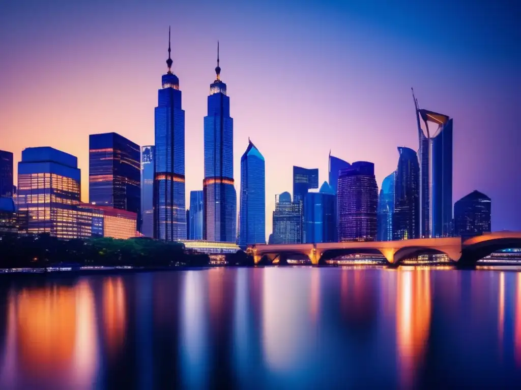 Ciudad moderna al atardecer: rascacielos iluminados Ciudad moderna al atardecer: estafas financieras, proteger dinero