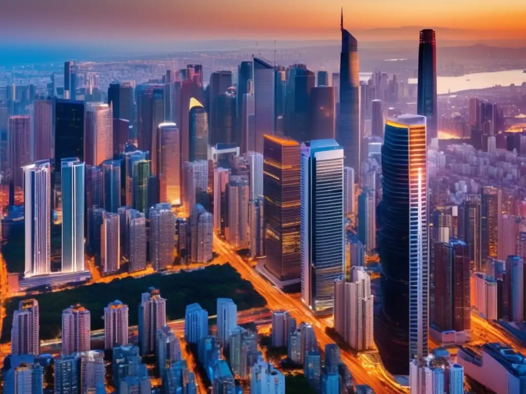 Ciudad moderna con correlación de activos Ciudad moderna al atardecer, correlación para fortalecer estrategia inversión