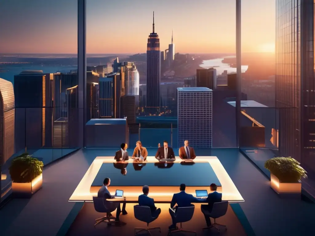 Ciudad moderna al atardecer con inversores estratégicos Ciudad moderna al atardecer: Estrategias de inversión en crisis económicas