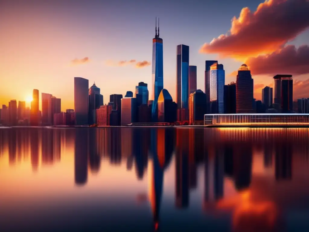 Ciudad moderna al atardecer con rascacielos y río Ciudad moderna al atardecer: evita ETFs sobredimensionados
