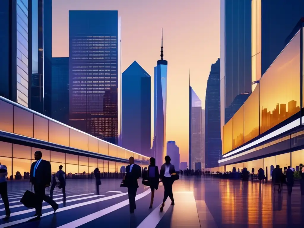 Ciudad moderna al atardecer: finanzas Ciudad moderna al atardecer: Medición de la huella social en inversiones