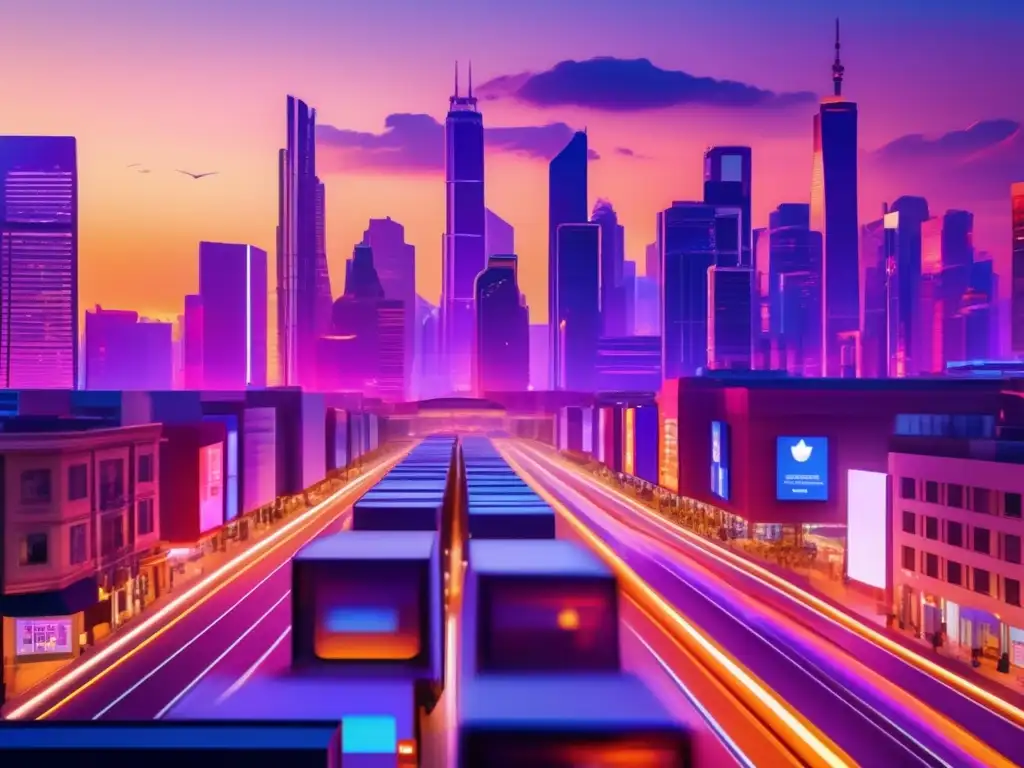 Moderna ciudad al atardecer con rascacielos y redes sociales Ciudad moderna al atardecer: Importancia de redes sociales en inversiones