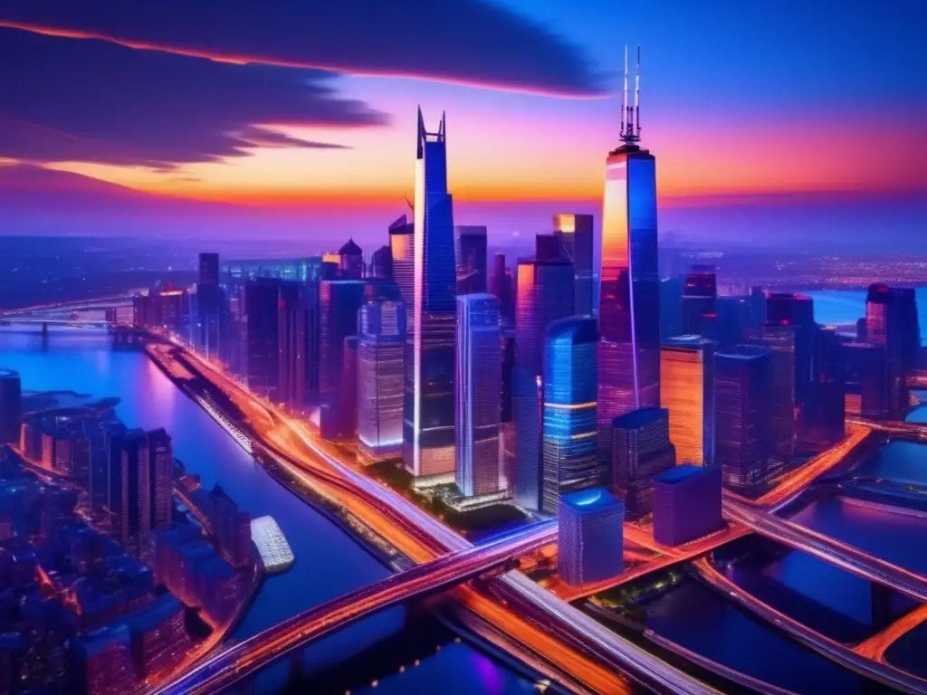 Ciudad moderna iluminada con luces vibrantes Ciudad moderna al atardecer, resalta importancia de infraestructura en mercados emergentes