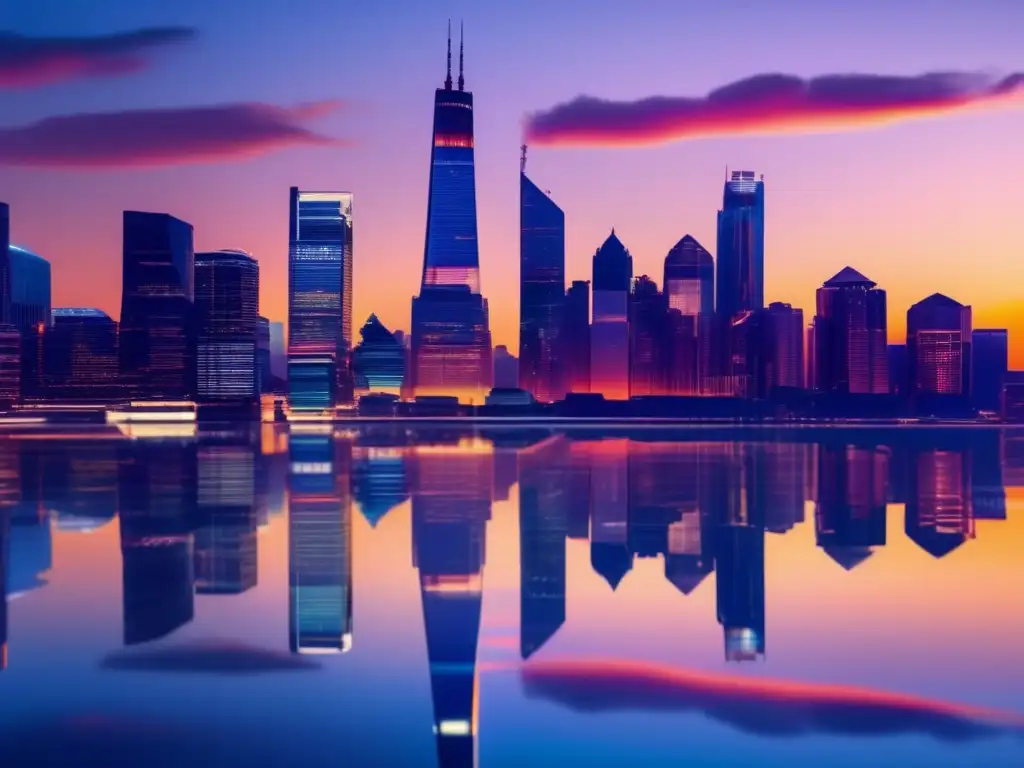 Ciudad moderna al atardecer Ciudad moderna al atardecer: luces, rascacielos, agua