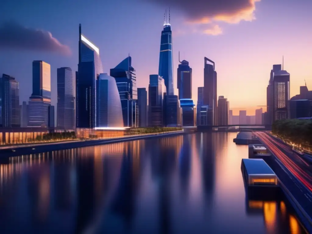 Ciudad moderna al atardecer Ciudad moderna al atardecer, con rascacielos reflejándose en el cielo oscureciendo