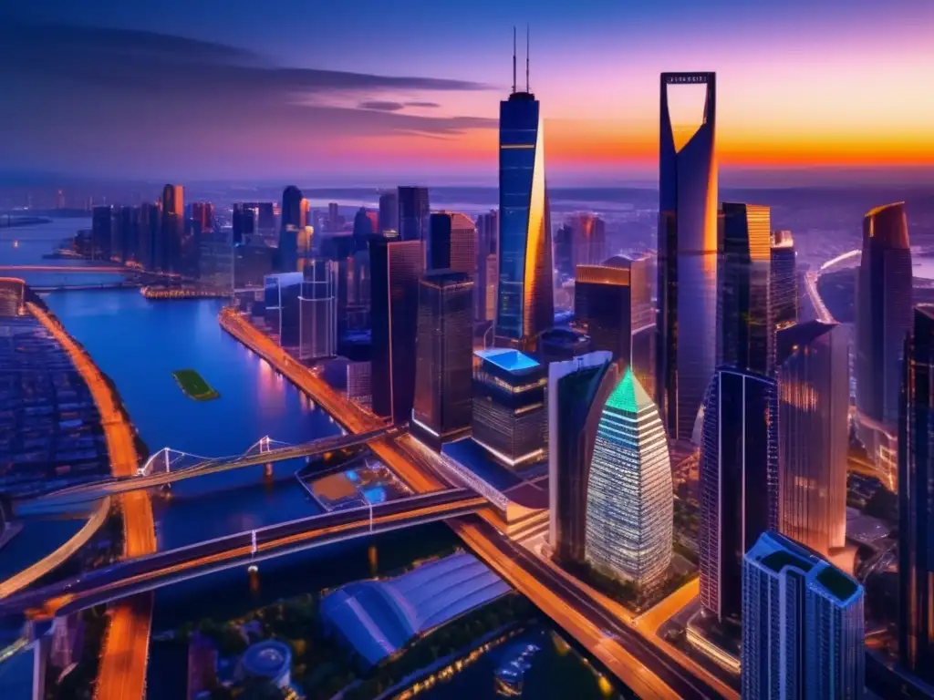 Ciudad moderna al anochecer: símbolo de éxito financiero Ciudad moderna al atardecer con rascacielos relucientes y redes de transporte, simbolizando estrategias de inversión para principiantes