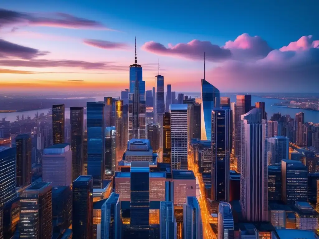 Ciudad moderna al atardecer, con rascacielos iluminados Ciudad moderna al atardecer con rascacielos, reflejos dorados y nubes en el cielo azul