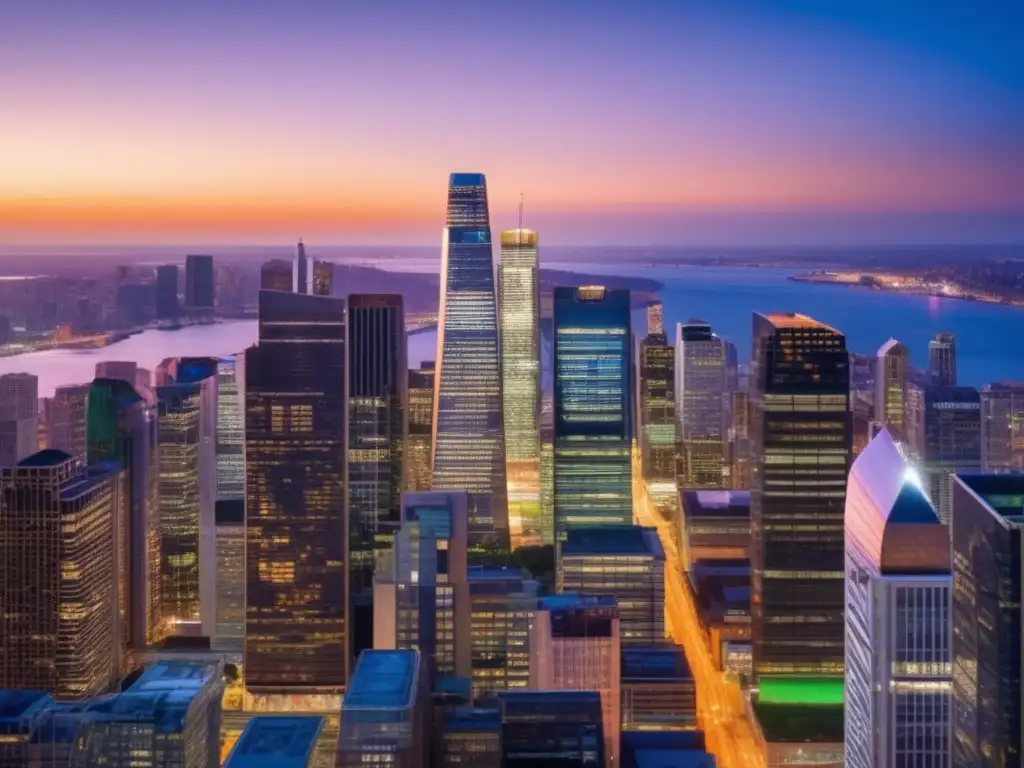 Skyline urbano al atardecer con rascacielos iluminados Ciudad moderna al atardecer, rascacielos iluminados, refleja inversión pasiva en el mundo financiero