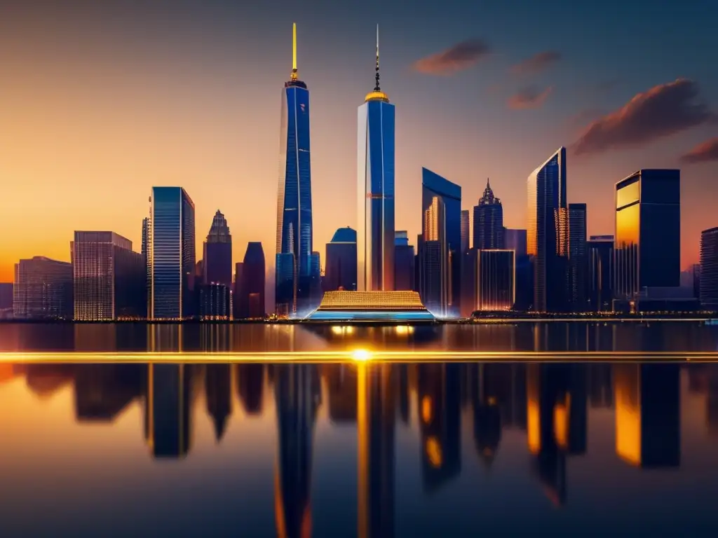Ciudad moderna al atardecer, rascacielos dorados y patrón oro en inversiones
