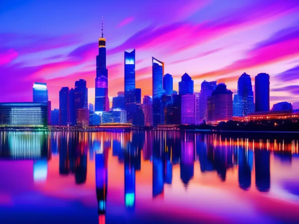 Horizonte urbano vibrante reflejado en río Ciudad moderna al atardecer con rascacielos iluminados y reflejados en un río tranquilo