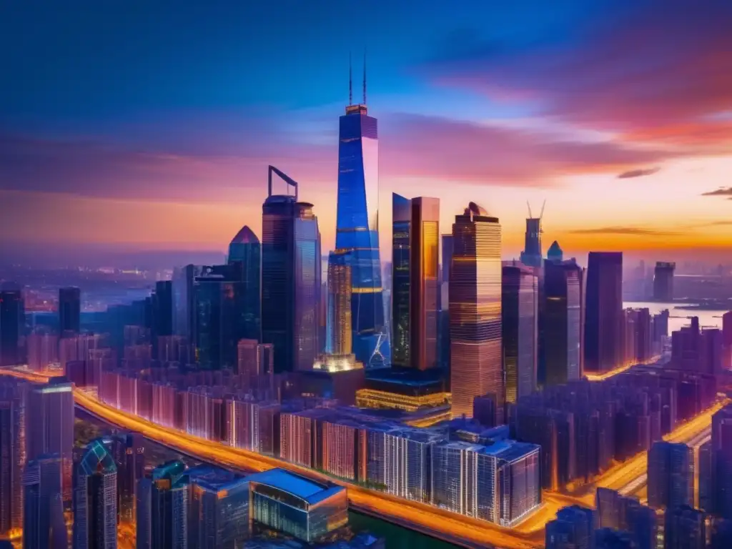 Ciudad moderna al atardecer, rascacielos y naturaleza Ciudad moderna al atardecer, con rascacielos brillantes y parque verde - Inversiones sostenibles rentables