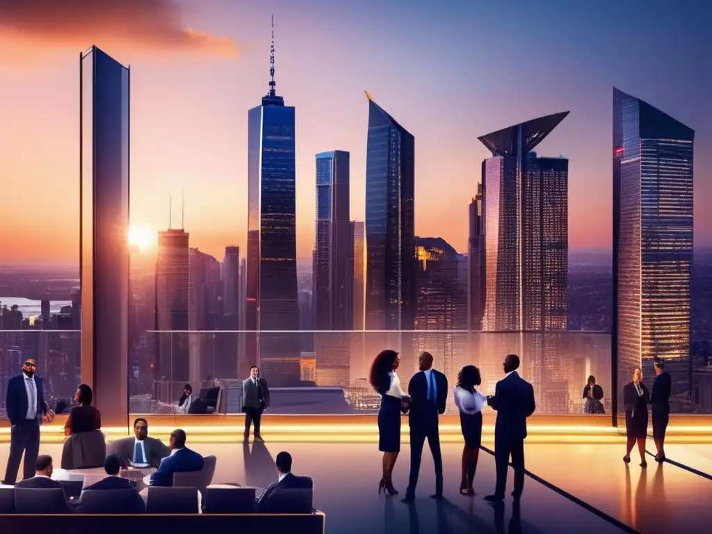 Ciudad moderna al atardecer con rascacielos luminosos Ciudad moderna al atardecer con rascacielos resplandecientes, simbolizando riesgos inversión en startups