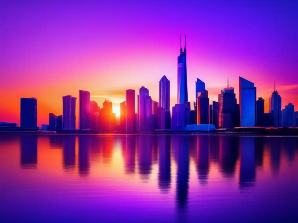 Ciudad moderna al atardecer Ciudad moderna al atardecer con rascacielos altos reflejando el dinamismo y vibrante mundo financiero - Estrategias inversión tipos interés