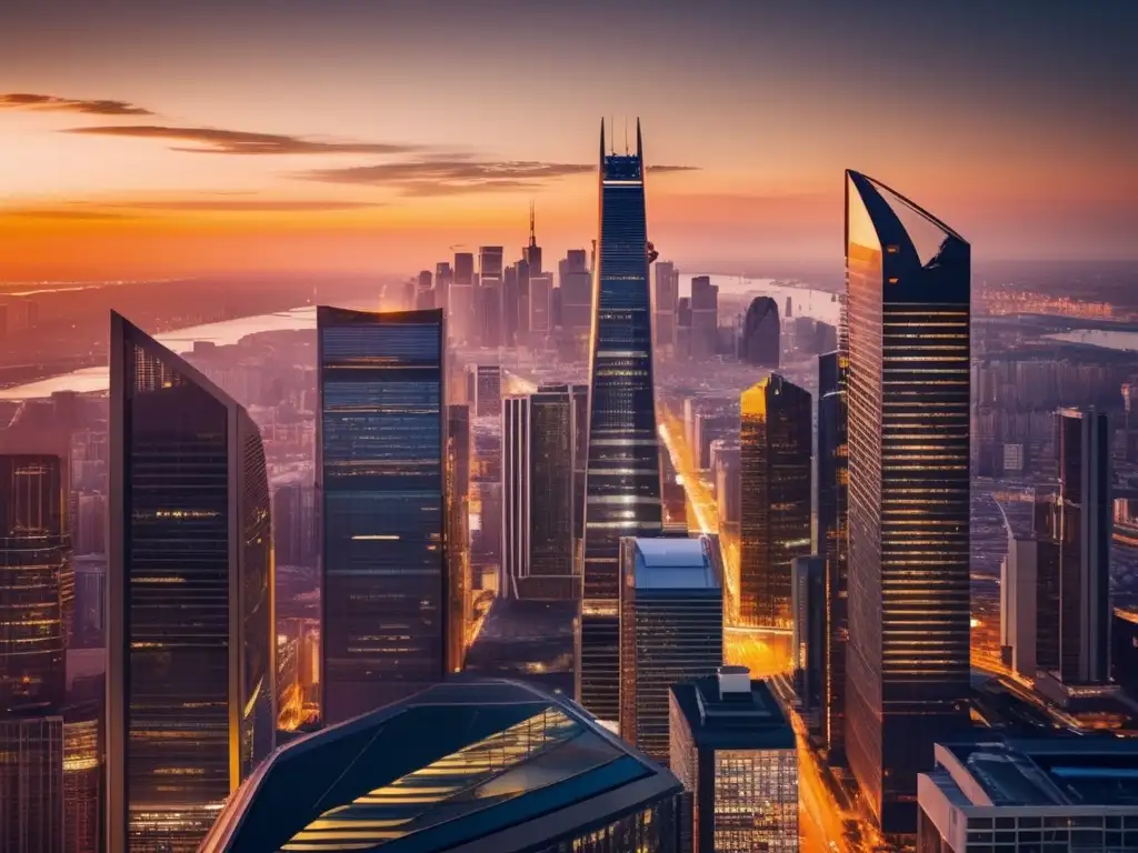 Ciudad futurista al atardecer Ciudad moderna al atardecer, rascacielos dorados