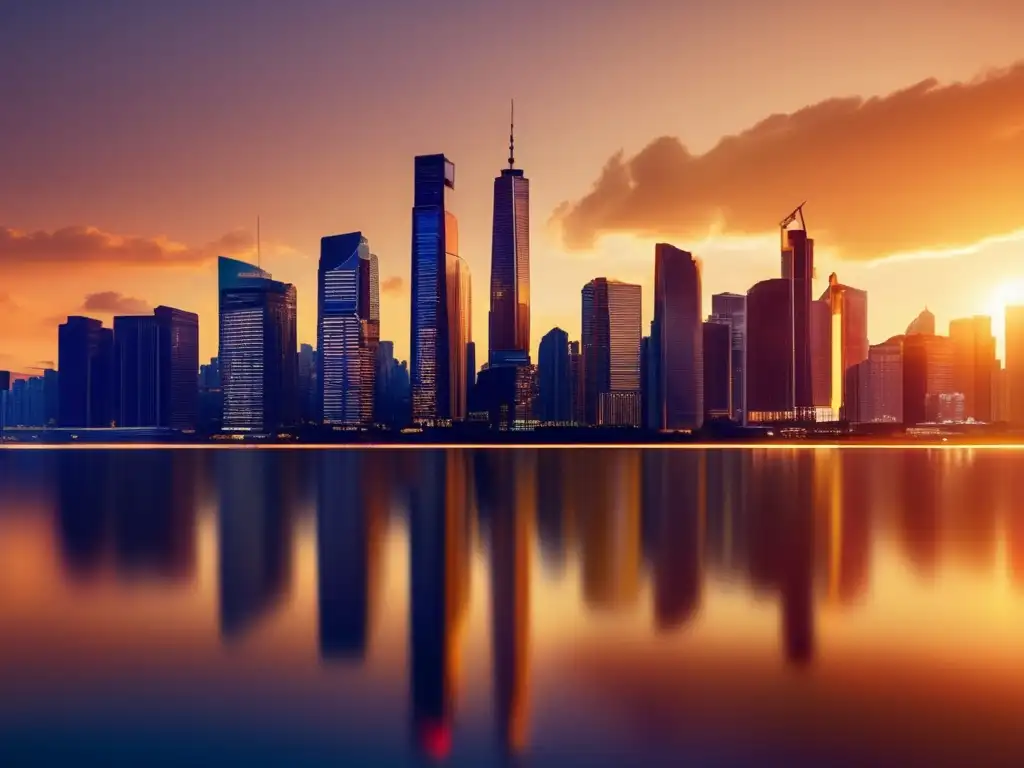 Ciudad moderna al atardecer con rascacielos iluminados, simbolizando elección de futuros y opciones