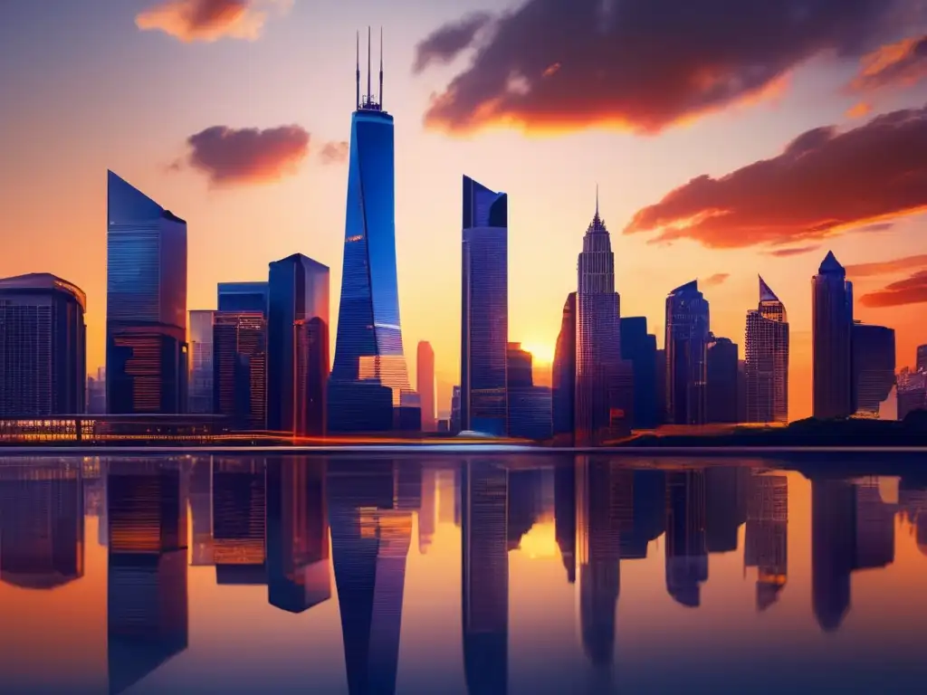 Skyline urbano al atardecer Ciudad moderna al atardecer con rascacielos de vidrio reflejando colores cálidos del sol