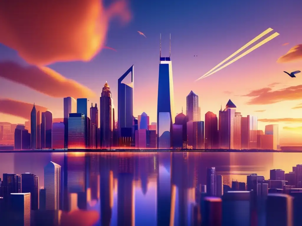 Ciudad moderna al atardecer, con rascacielos y símbolos de warrants Ciudad moderna al atardecer con rascacielos y símbolos dorados flotando - Beneficios de invertir en warrants