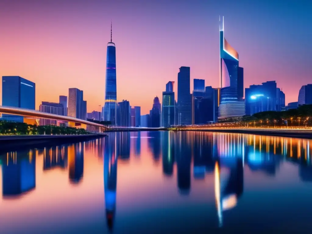 Ciudad moderna iluminada, crecimiento urbano Ciudad moderna al atardecer con rascacielos iluminados y puente, simbolizando el potencial de inversiones a largo plazo