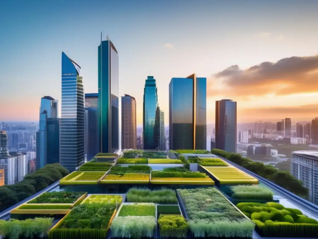 Ciudad sostenible con rascacielos verdes Ciudad moderna al atardecer con rascacielos de vidrio dorado y jardines verticales verdes, destacando las Normas ISO para inversiones verdes