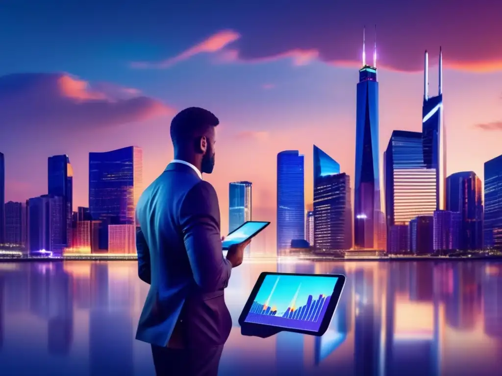 Impacto social de inversiones Ciudad moderna al atardecer con rascacielos, luces vibrantes y hombre de negocios con tablet
