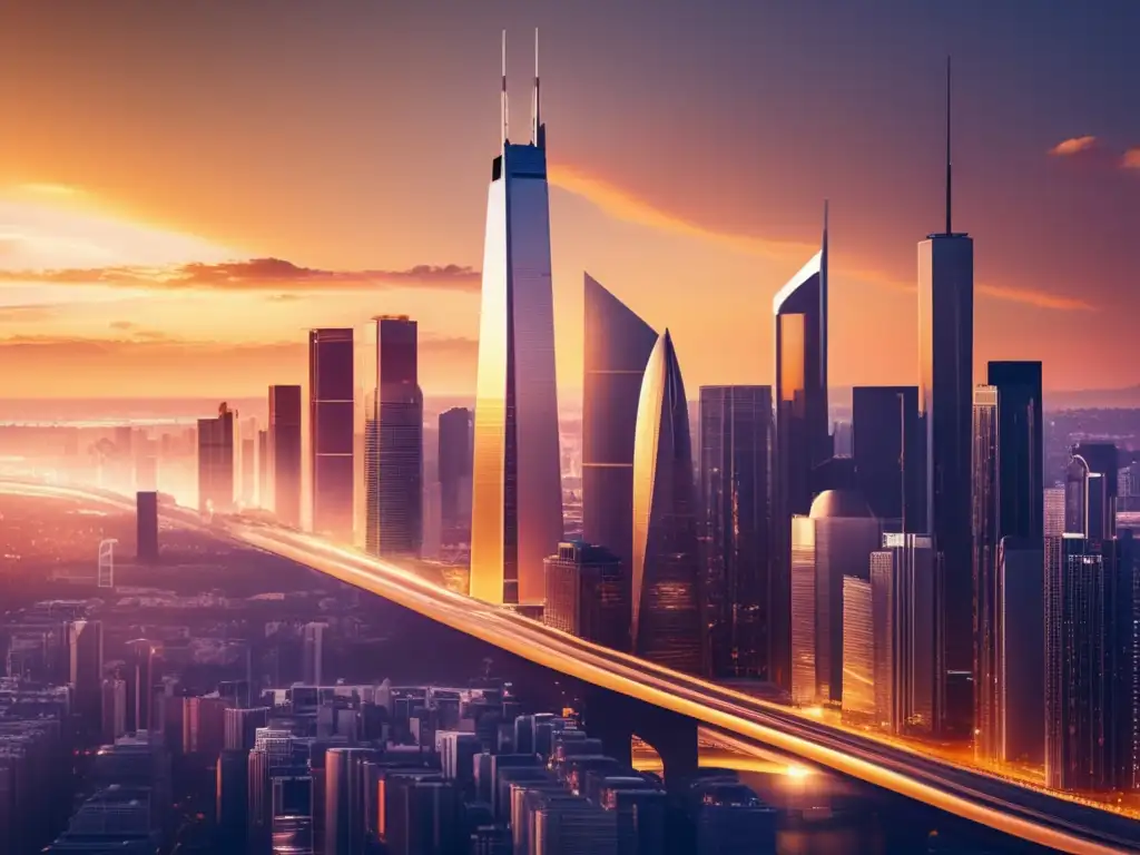 Ciudad moderna al atardecer con rascacielos altos Ciudad moderna al atardecer, rascacielos, demanda inversión inmobiliaria