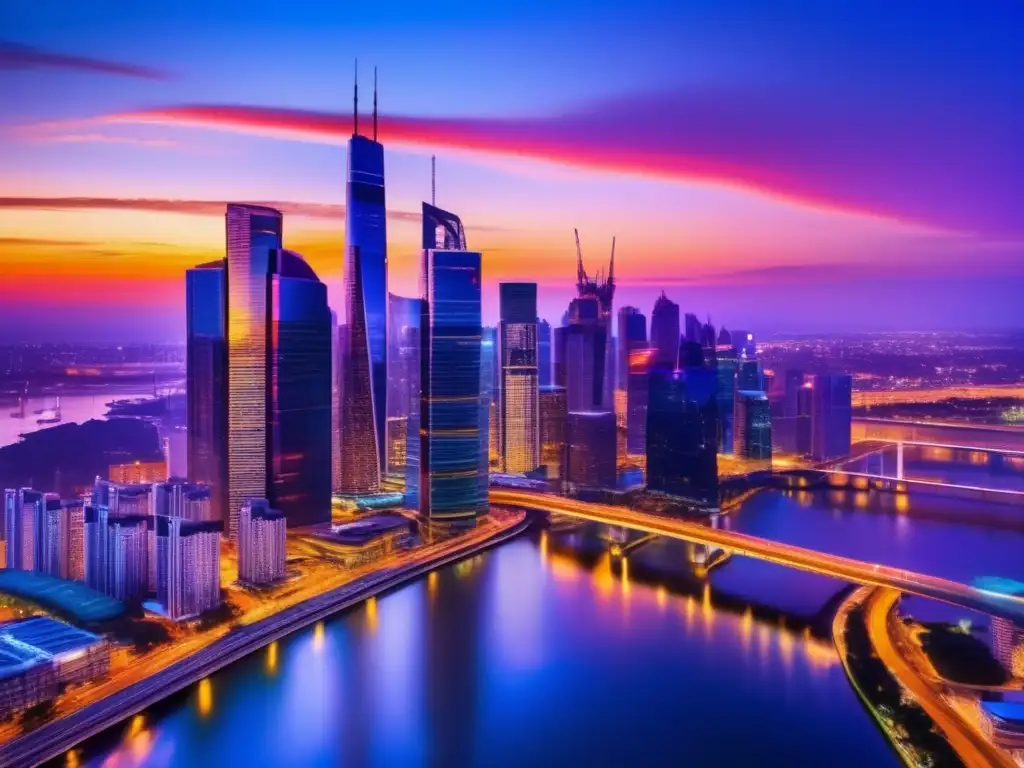 Ciudad moderna al atardecer Ciudad moderna al atardecer, rascacielos de vidrio reflejando colores vibrantes del anochecer