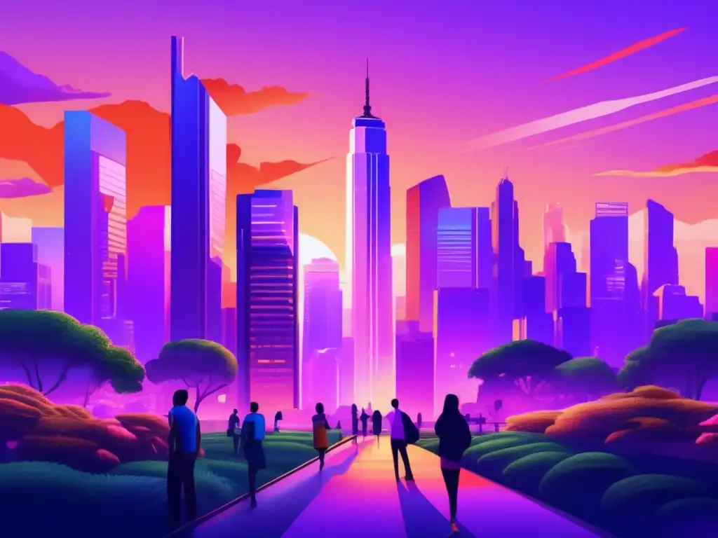 Ciudad moderna con rascacielos verdes y profesionales discutiendo Ciudad moderna al atardecer con rascacielos verdes, profesionales discutiendo sobre bonos verdes y futuro financiero