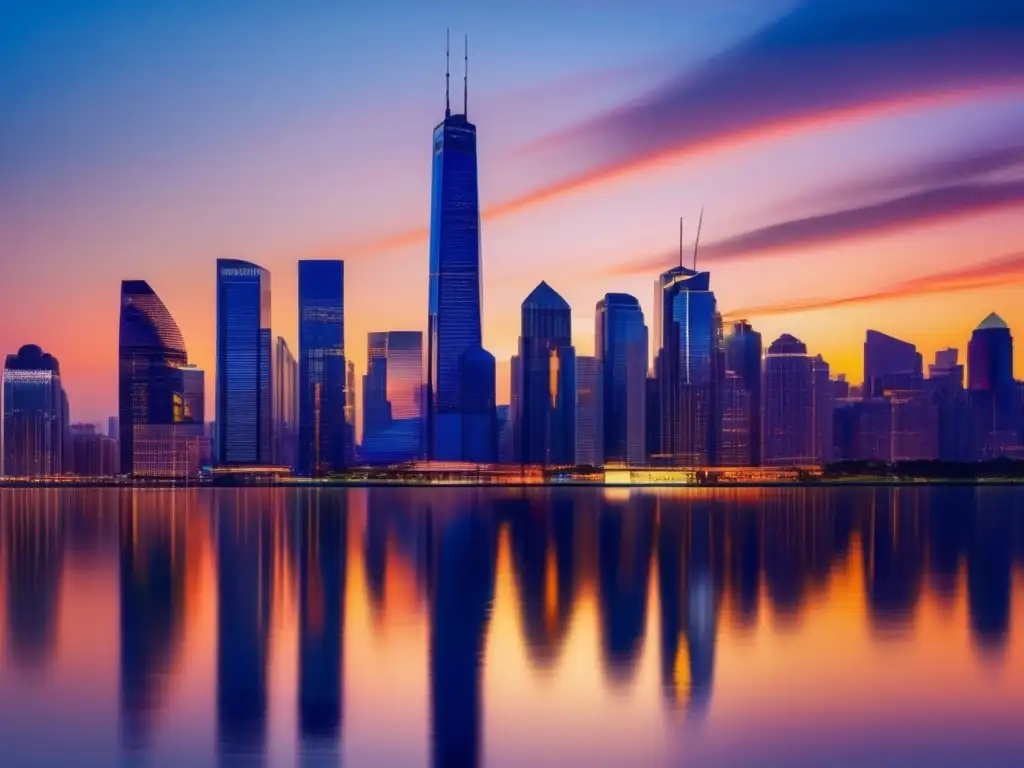 Ciudad moderna y vibrante al atardecer Ciudad moderna al atardecer, con rascacielos reflejando la luz del sol