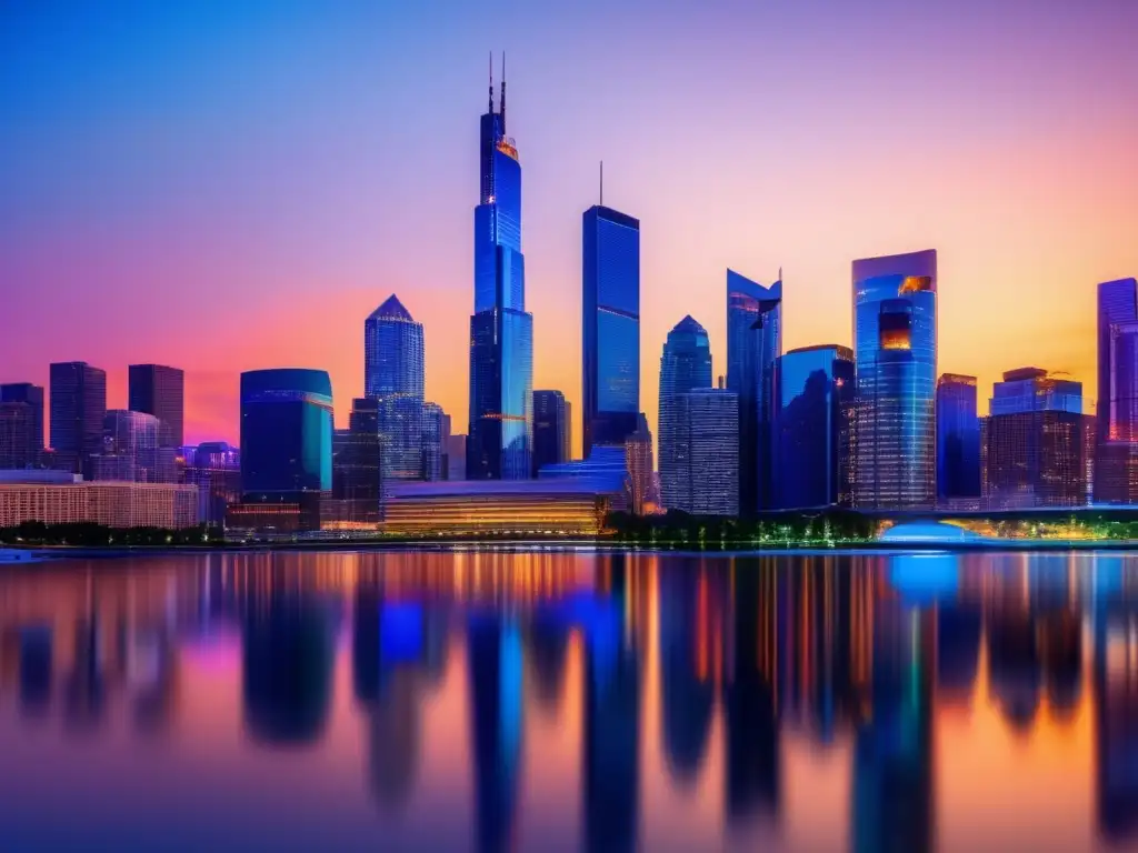 Oportunidades en mercado inmobiliario Ciudad moderna al atardecer, rascacielos relucientes