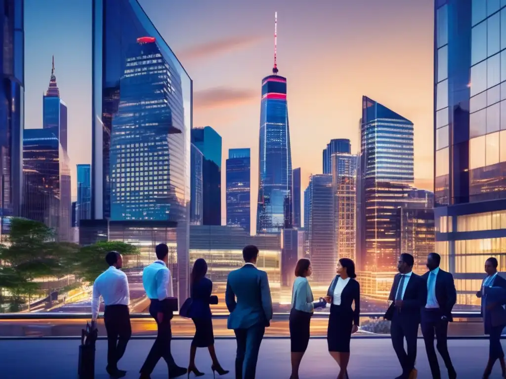 Oportunidades en propiedades comerciales Ciudad moderna al atardecer con rascacielos iluminados y profesionales analizando el mercado de propiedades comerciales
