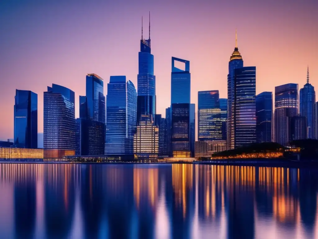 Ciudad moderna al atardecer, con rascacielos iluminados Ciudad moderna al atardecer, rascacielos iluminados
