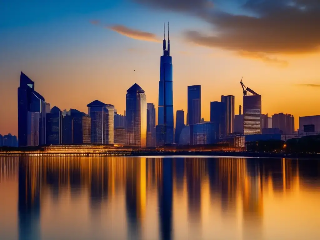Ciudad moderna iluminada al atardecer Ciudad moderna al atardecer con rascacielos iluminados, reflejo en el río