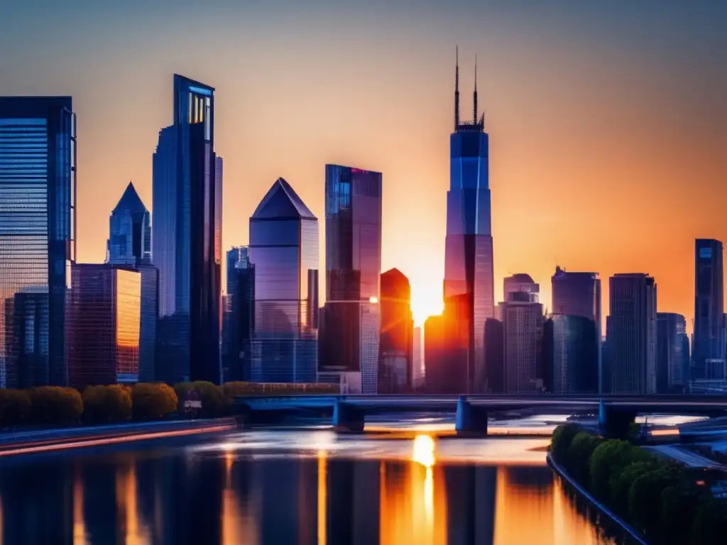 Skyline urbano al atardecer Ciudad moderna al atardecer, con rascacielos de vidrio reflejando el sol