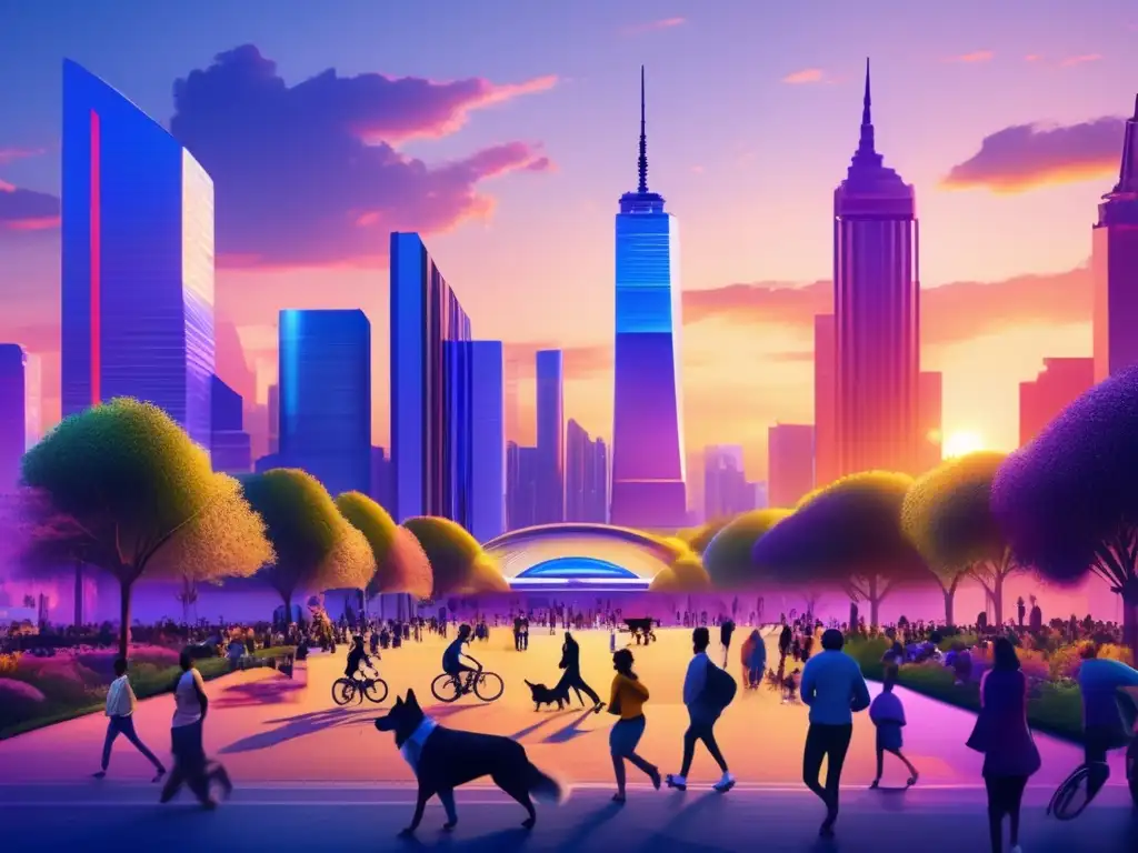 Vibrante metrópolis al atardecer Ciudad moderna al atardecer, con rascacielos, parque y oportunidades de inversión en bienes raíces