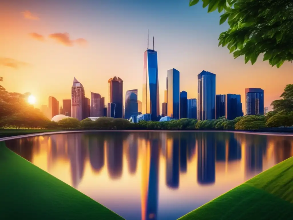 Ciudad moderna al atardecer Ciudad moderna al atardecer, rascacielos reflejan la puesta de sol