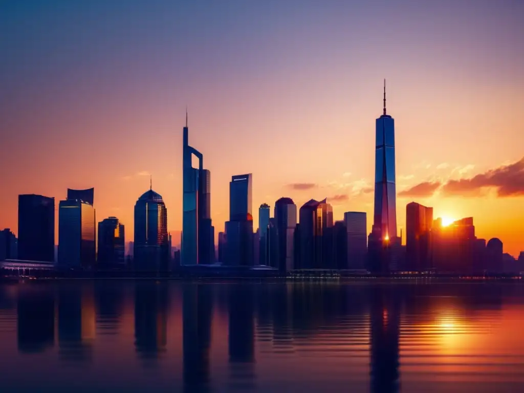 Ciudad moderna al atardecer: rascacielos y arquitectura en oro Ciudad moderna al atardecer con rascacielos, luz dorada y ventanales reflejando el cielo