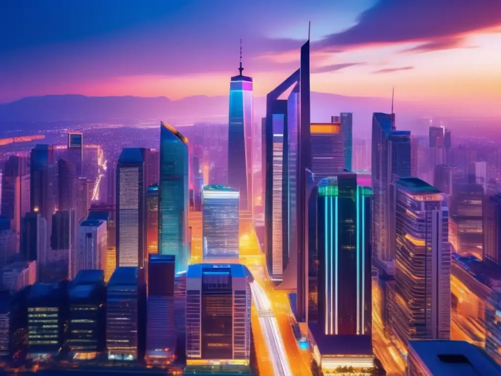Ciudad moderna al anochecer, con rascacielos iluminados y ajetreo urbano Ciudad moderna al atardecer con rascacielos iluminados y calle animada