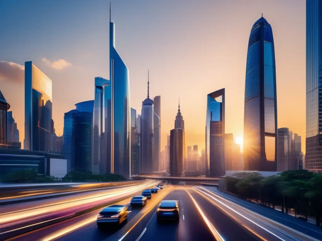 Ciudad moderna al atardecer con rascacielos Ciudad moderna al atardecer con rascacielos imponentes y energía dinámica