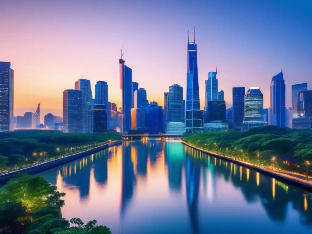 Ciudad moderna de noche: inversión y resiliencia Ciudad moderna al atardecer con rascacielos iluminados y profesionales diversificados discutiendo estrategias de inversión en desastres naturales