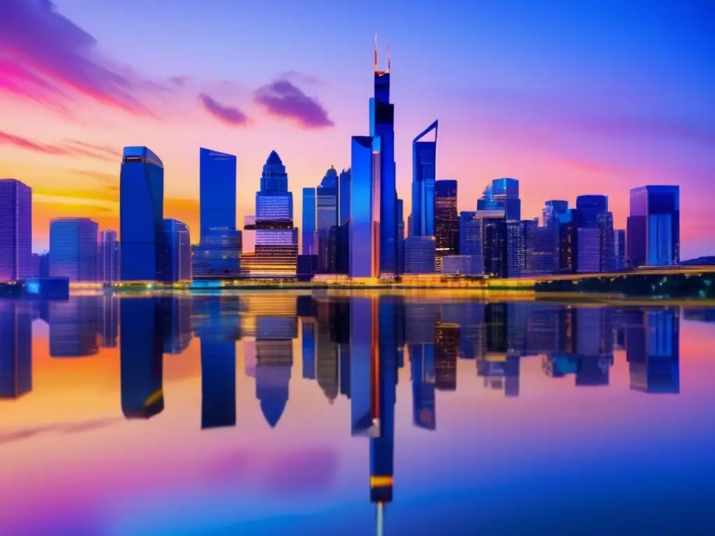 Ciudad moderna al atardecer: inversión inmobiliaria y crecimiento económico Ciudad moderna al atardecer con rascacielos que reflejan los colores del cielo