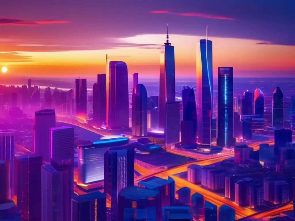 Moderna ciudad al atardecer con rascacielos futuristas Ciudad moderna al atardecer con rascacielos futuristas y vibrante energía