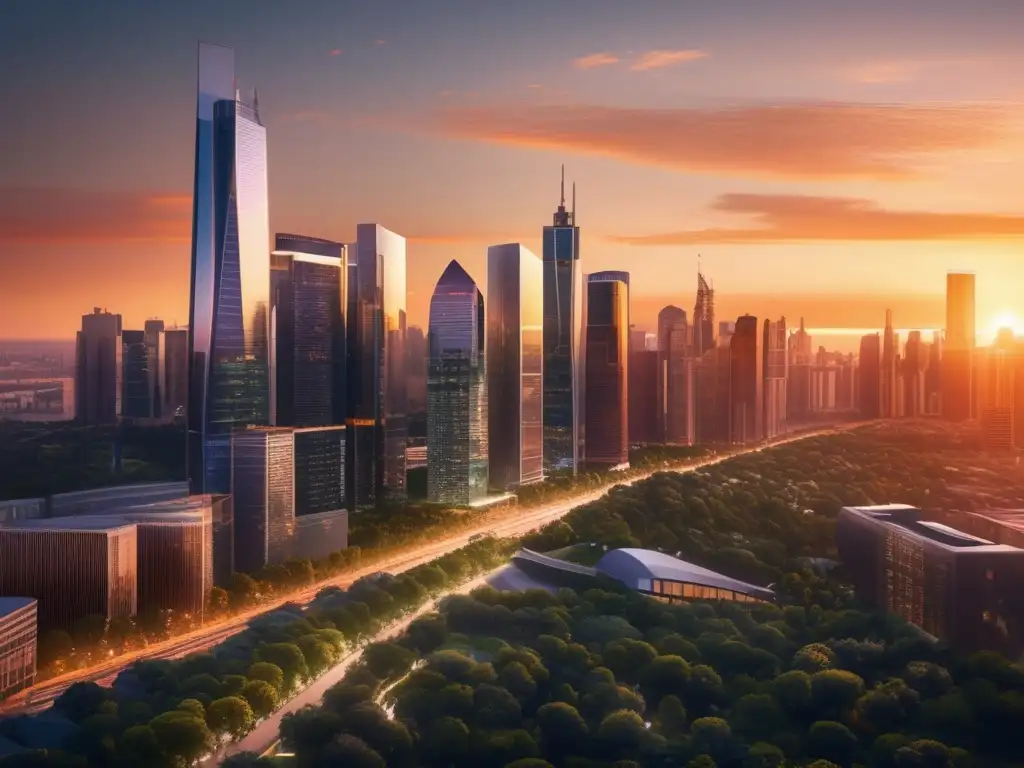 Ciudad moderna al atardecer Ciudad moderna al atardecer, con rascacielos elegantes, parques verdes y oportunidades de inversión inmobiliaria rentable