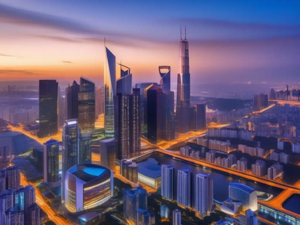 Ciudad moderna en crecimiento Ciudad moderna al atardecer con rascacielos de vidrio iluminados desde adentro