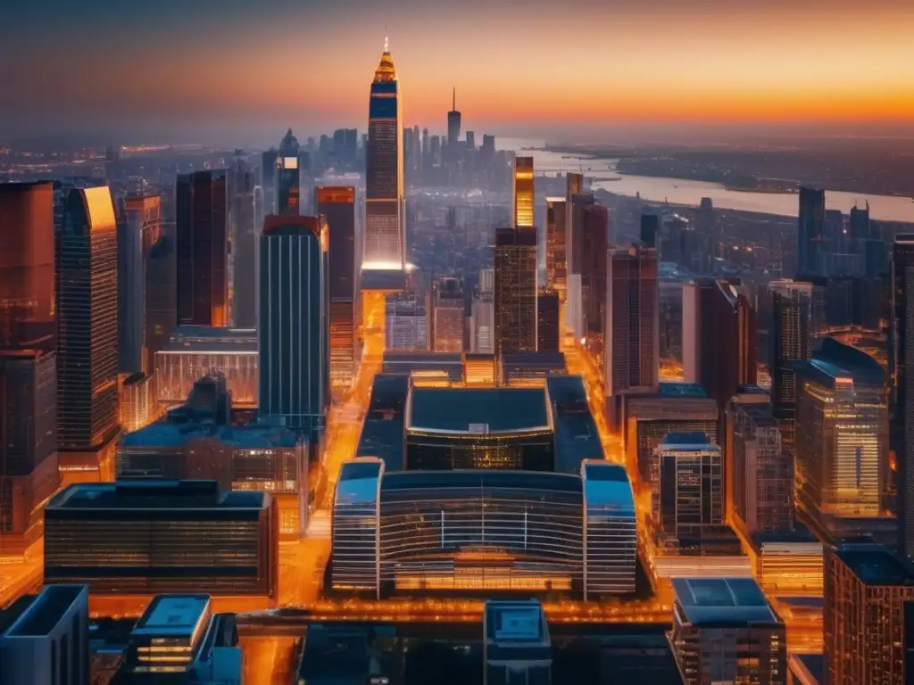 Ciudad moderna al atardecer: rascacielos, luces y río Una ciudad moderna al atardecer con rascacielos imponentes y un río reflejando luces vibrantes