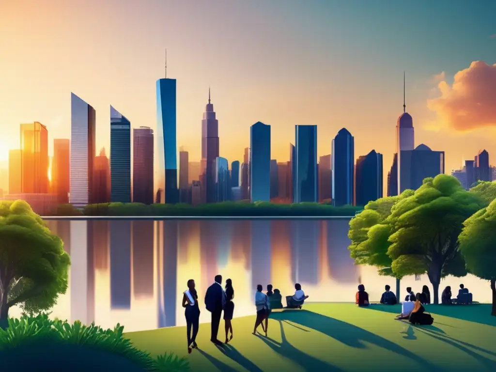 Ciudad moderna al atardecer: inversores analizando estrategias Ciudad moderna al atardecer con rascacielos, parques verdes y personas discutiendo estrategias de inversión inmobiliaria