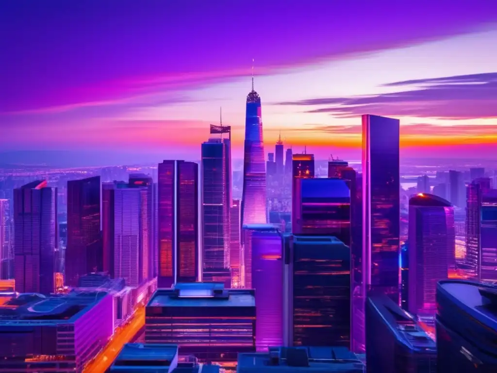 Moderna ciudad al atardecer: rascacielos, profesionales y análisis Ciudad moderna al atardecer: rascacielos, cielo vibrante, profesionales analizando el mercado inmobiliario