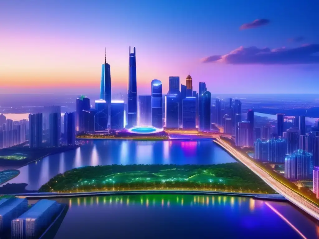 Ciudad moderna y próspera al anochecer Ciudad moderna al atardecer con rascacielos futuristas, luces vibrantes y parques verdes, simbolizando el éxito y la inversión inmobiliaria